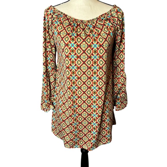Turquoise Haven Geometric Print Tunic Dress Bell Sleeve Boho Chic Blouse Top - Picture 1 of 10
